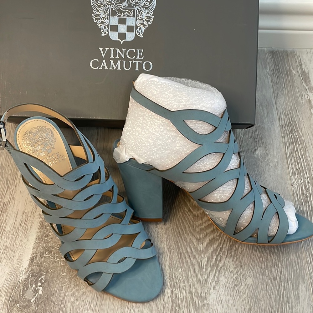 NIB Vince Camuto Norla Sage Nubuck Blue Suede Leather Heel Sandals 6.5 - Picture 1 of 7